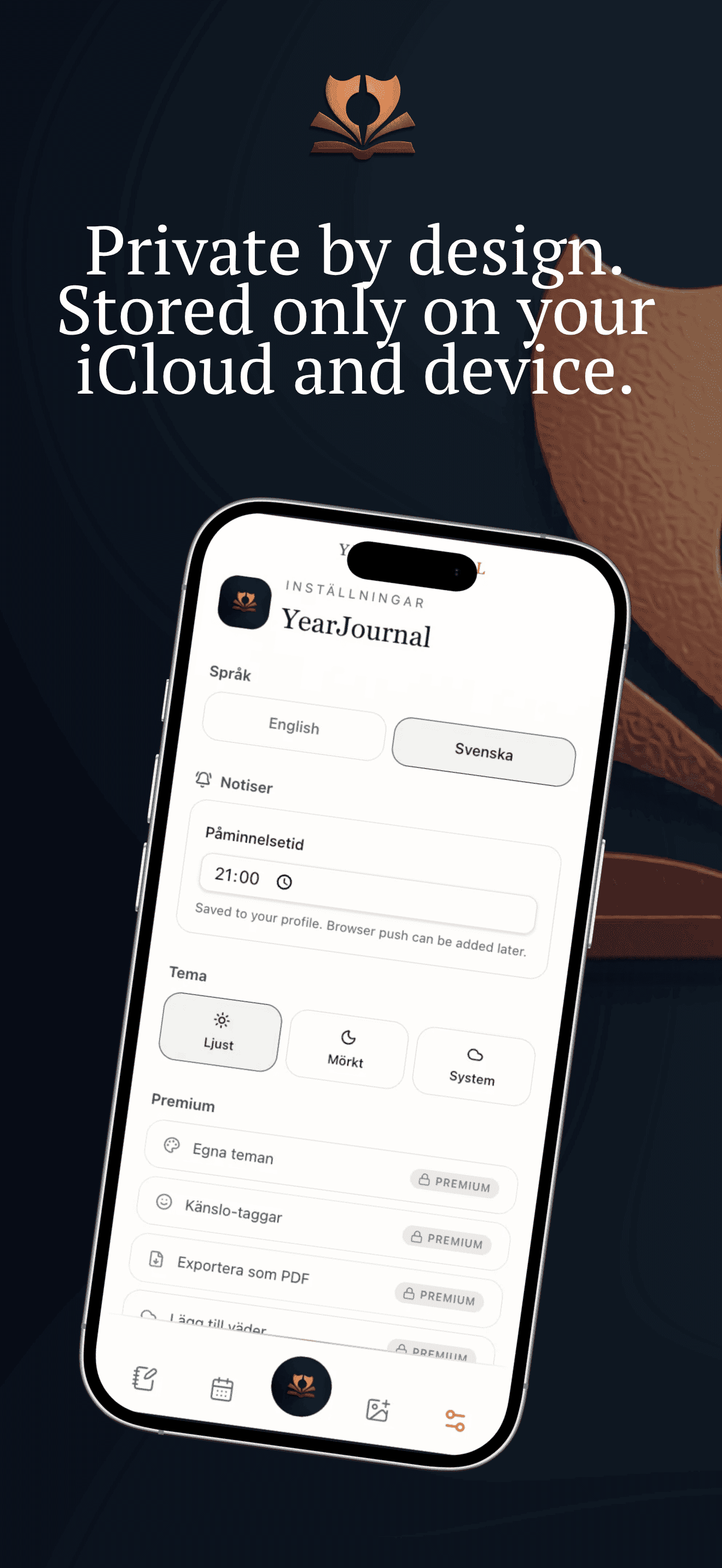 YearDiary privacy and settings screen